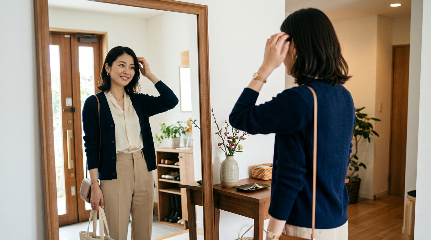 お出かけ前に鏡で身だしなみをチェックする清潔感のある女性