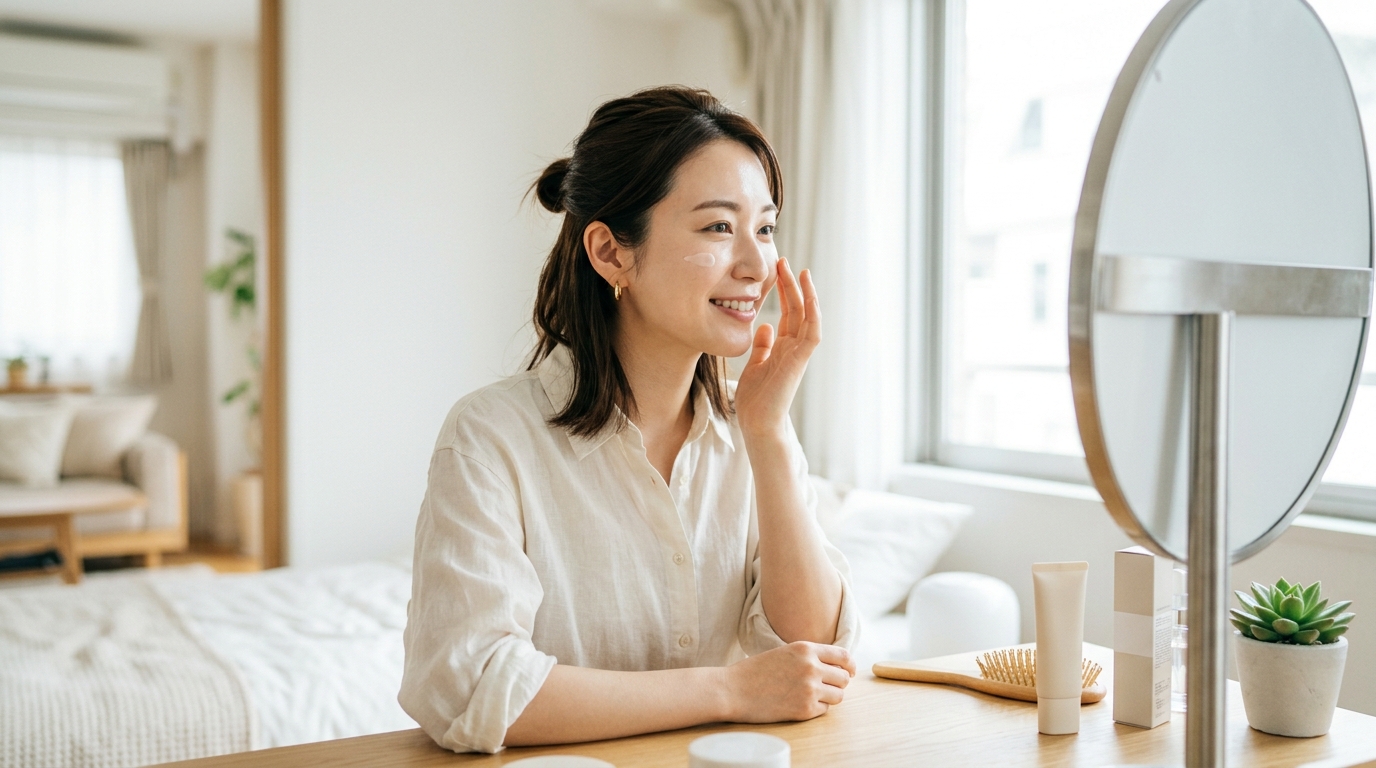 明るい部屋でメイク下地を丁寧に塗る女性