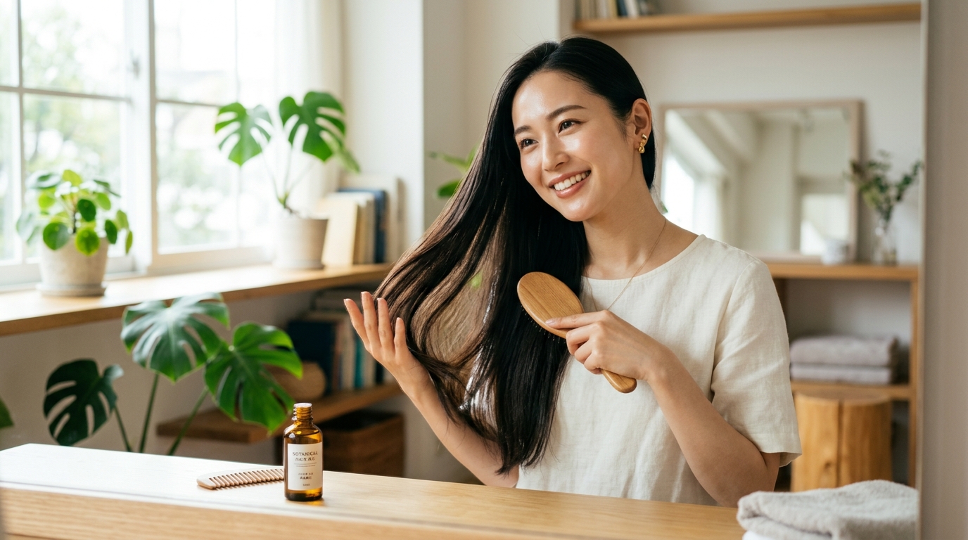 明るい部屋で、艶やかな長い髪をブラッシングする女性