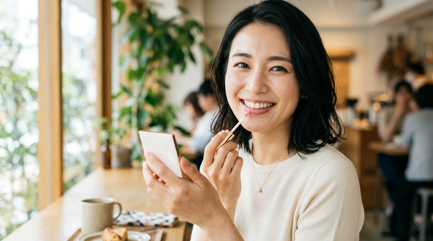 明るい笑顔で、ピンクのリップグロスを塗る女性
