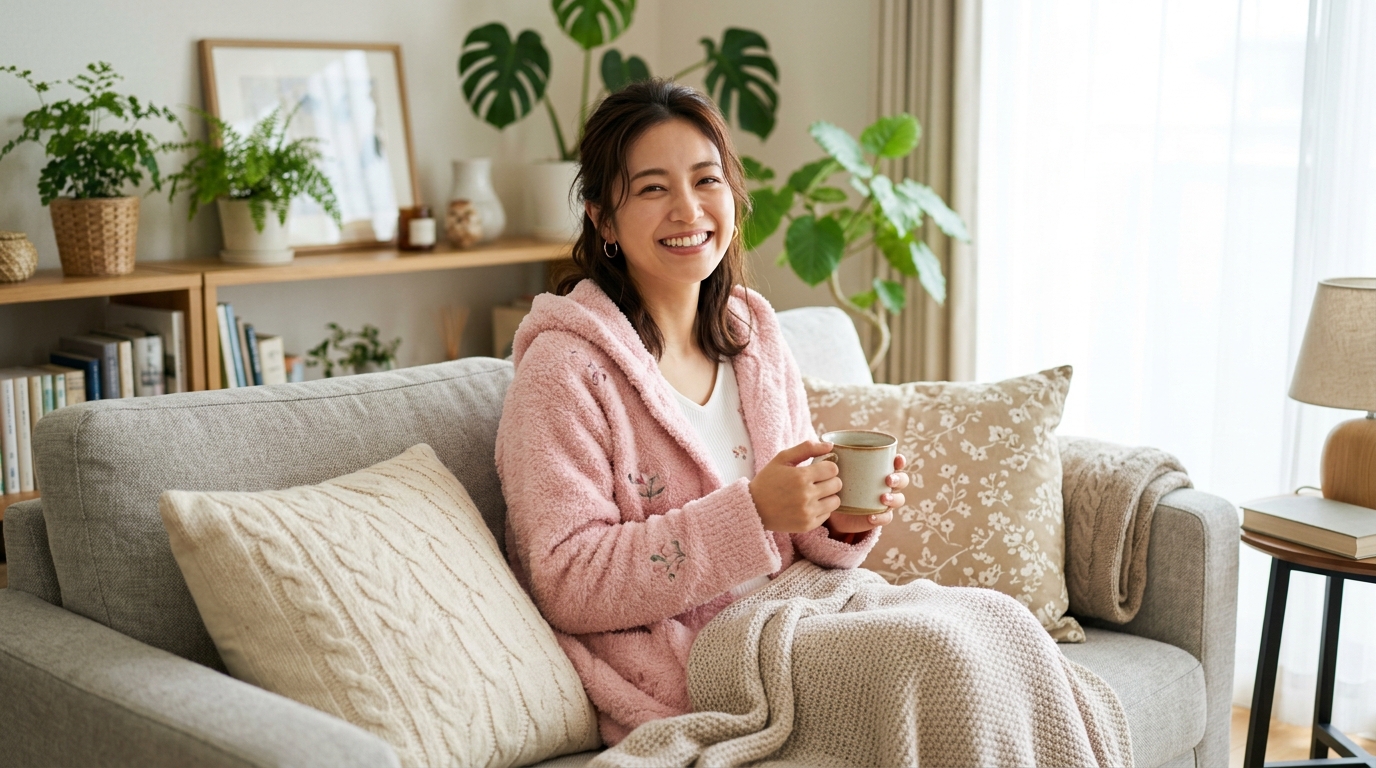 ふわふわのピンクルームウェアを着て、ソファで笑顔でくつろぐ女性
