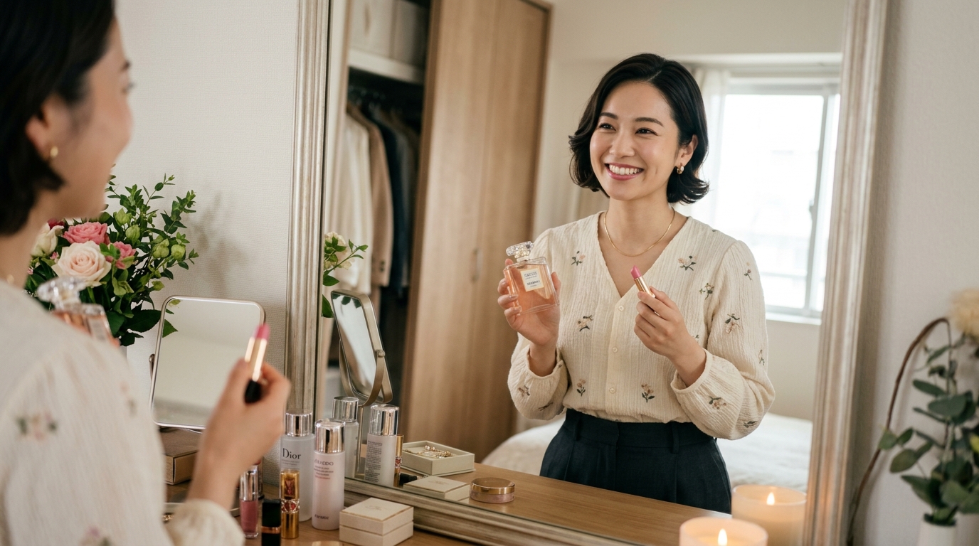 お気に入りの香水とリップを持ち、お出かけの準備をする笑顔の女性