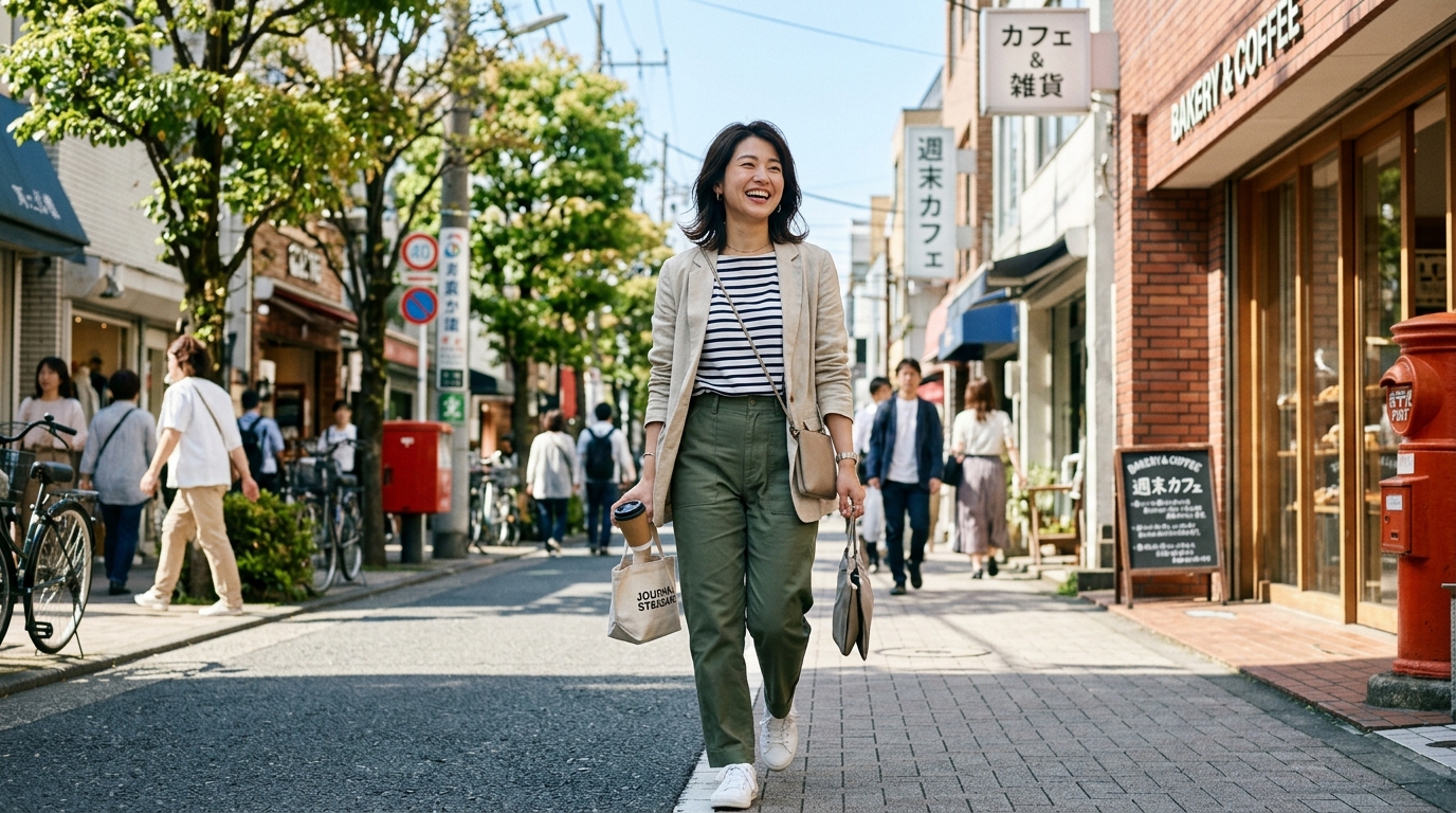 週末の晴れた道を、幸せそうに歩く女性