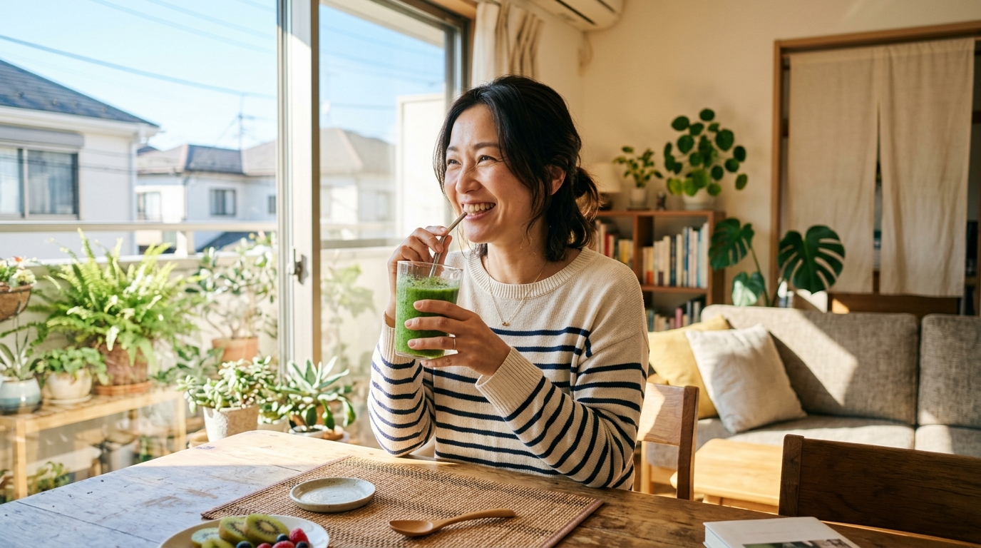 朝日の中でスムージーを飲む笑顔の女性