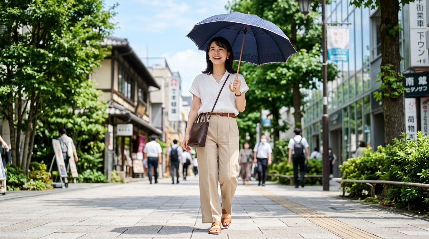日傘をさして涼しげな表情で夏の街を歩く女性