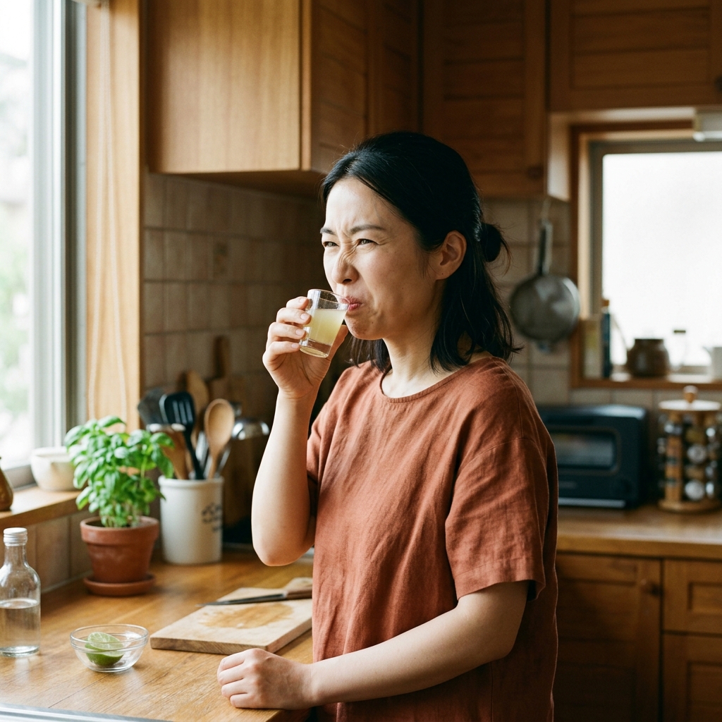 サジーの原液を飲んで酸っぱそうな表情をする女性