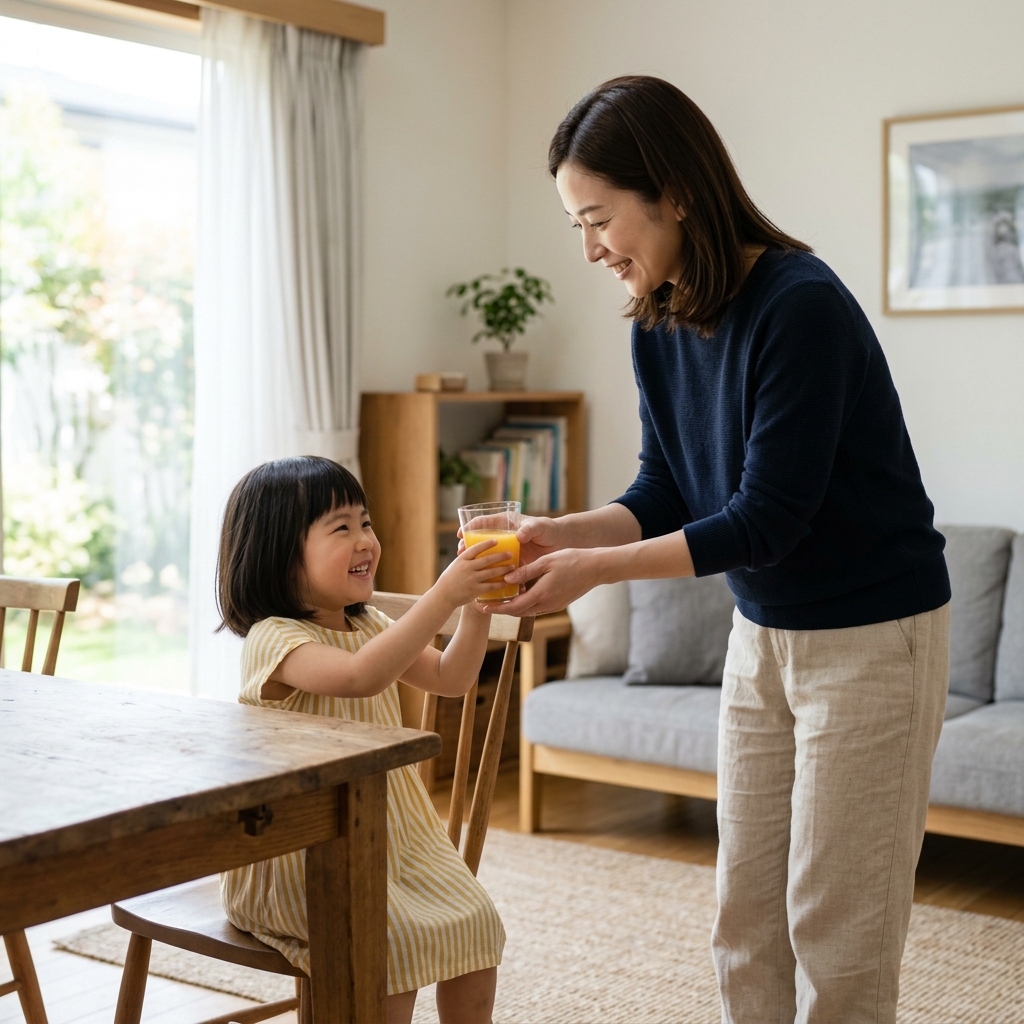 サジージュースを笑顔で受け取る子供