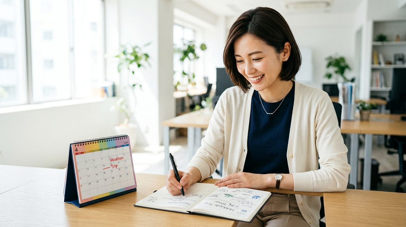 笑顔でスケジュール帳に書き込む女性