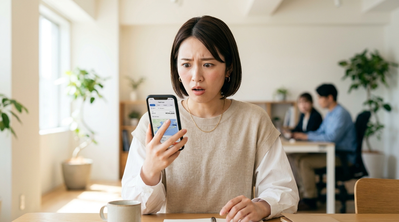 スマホを見て航空券の高さに驚く女性