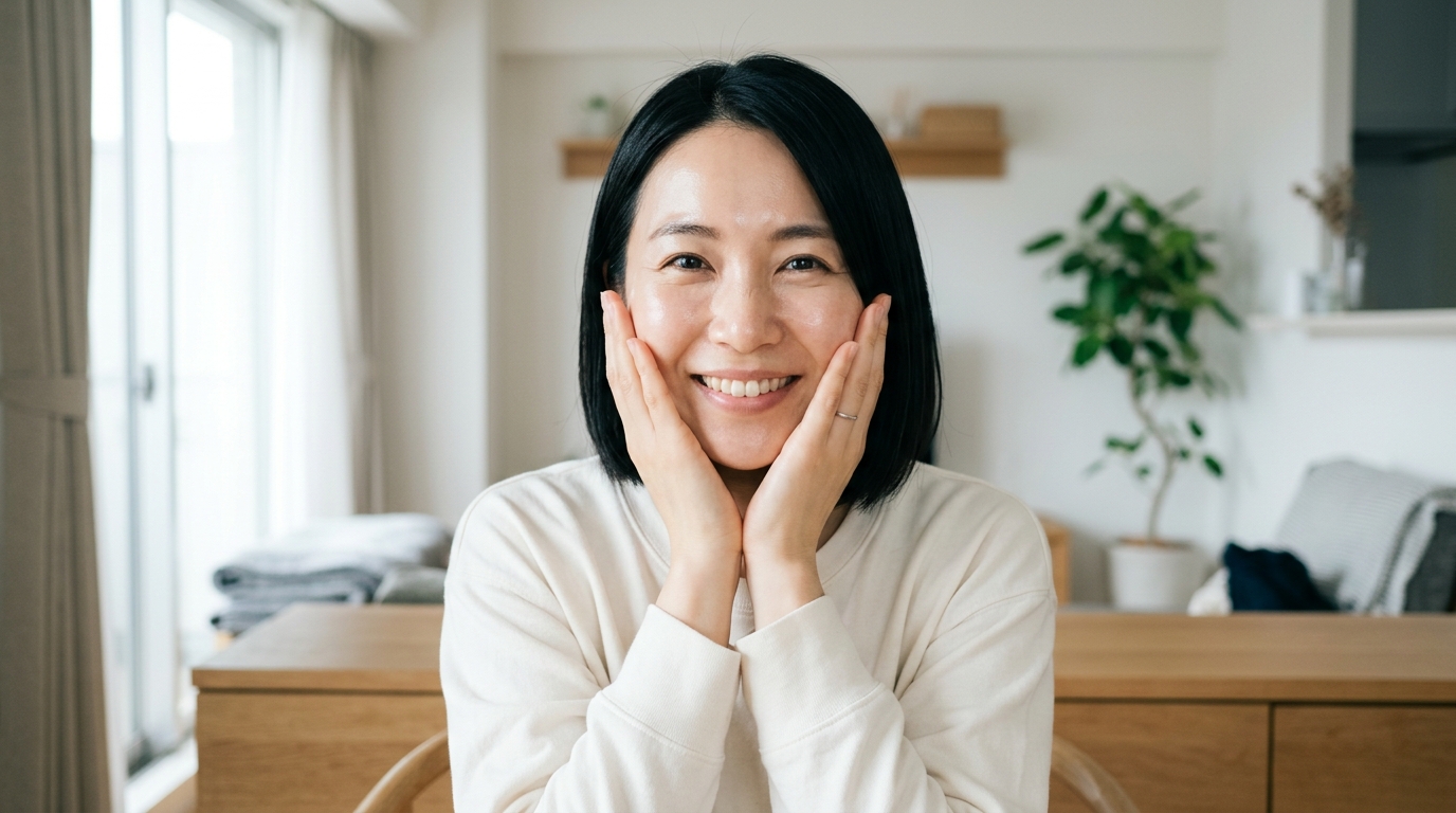 集中ケア後にもっちりとうるおった肌を実感して微笑む女性