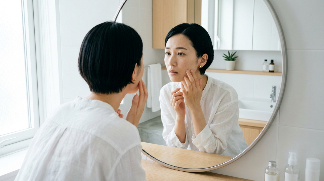 鏡を見て肌のくすみを気にする女性