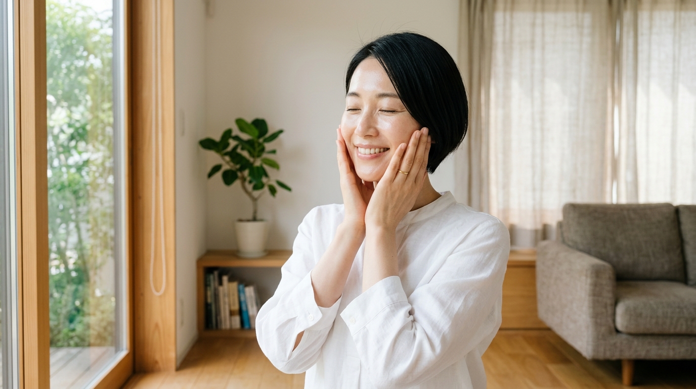 透明感のある肌を喜ぶ女性