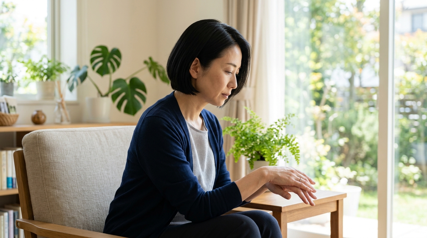 自分の手の甲の乾燥や小じわにハッとする女性の手元