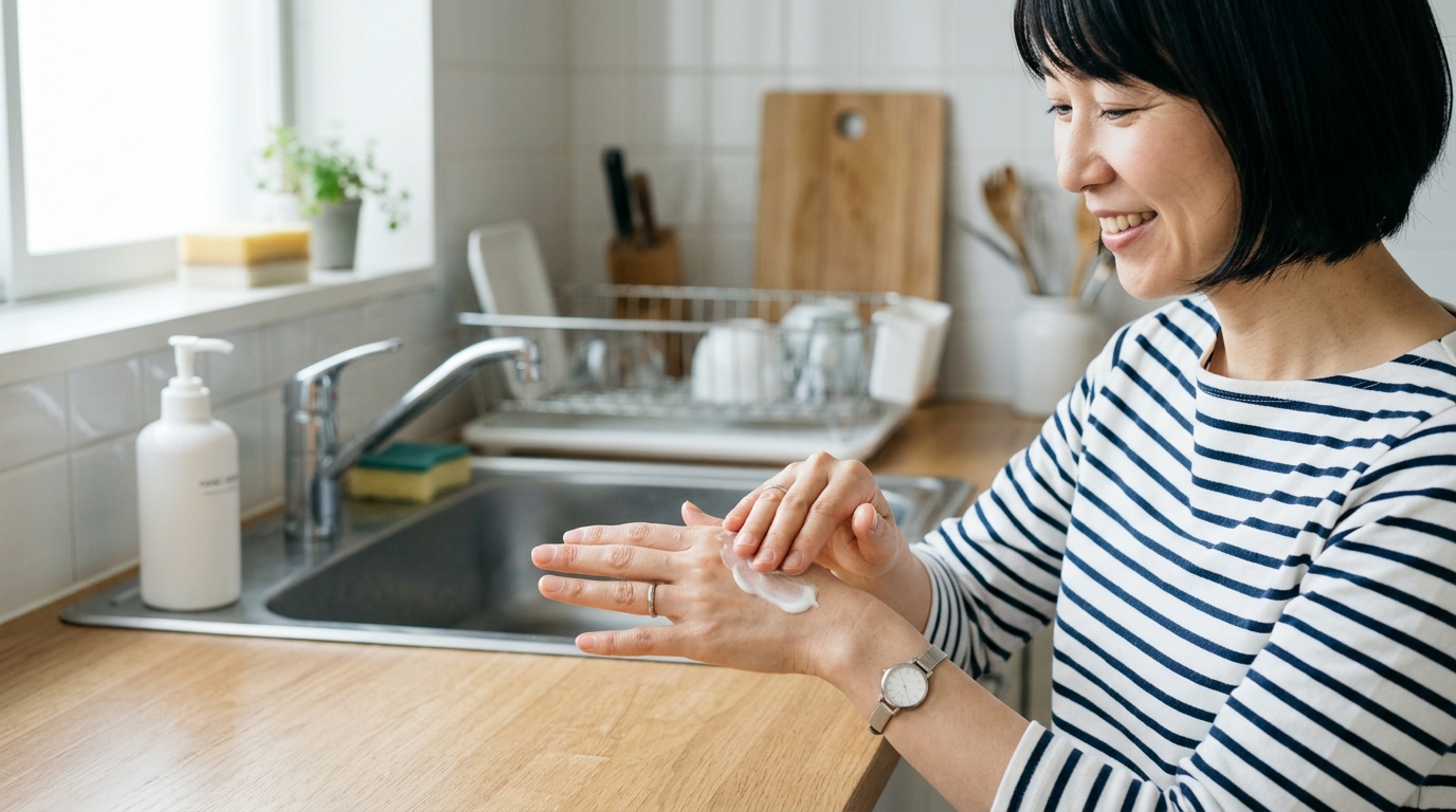キッチンの合間にベタつかないハンドクリームを塗る女性の手元