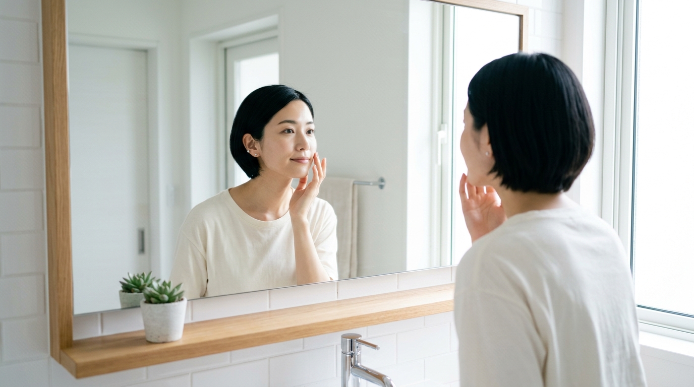 秋口の肌のごわつきや乾燥を鏡の前で確認する女性