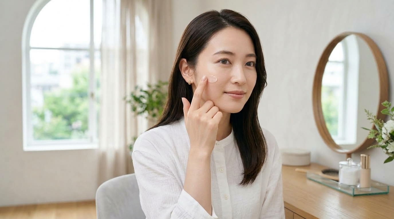 明るいドレッサーの前で化粧下地を丁寧に肌になじませる女性