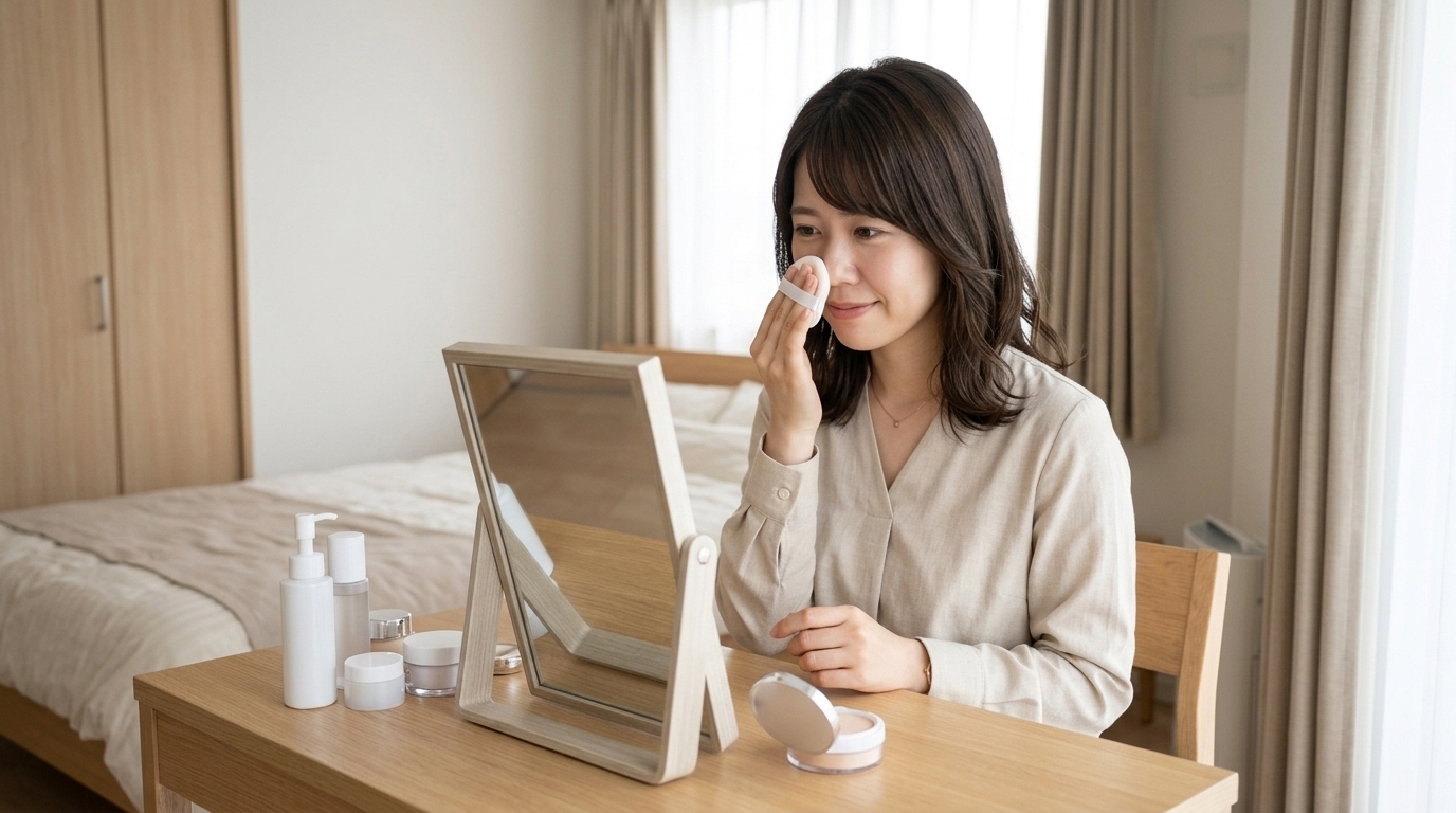 朝の明るいドレッサーの前でパフを使って丁寧にTゾーンへ皮脂吸着パウダーを仕込む20代の日本人女性