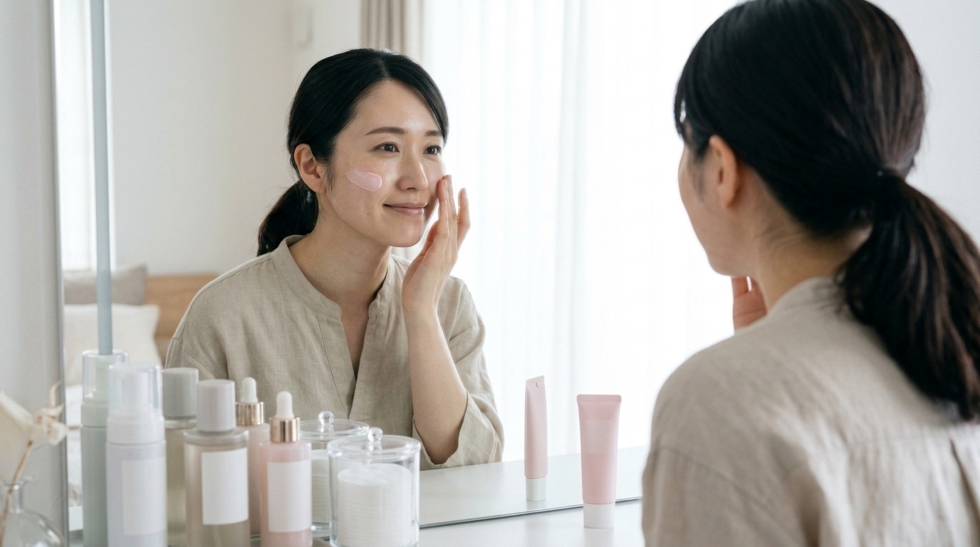 朝のスキンケア後にトーンアップ下地を優しく伸ばす様子