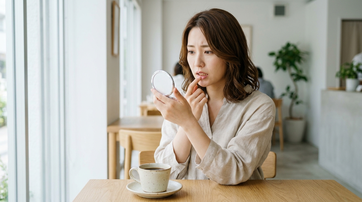 カフェの休憩中に手鏡で口元と歯の着色汚れを気にして少し曇った表情をする20代後半の日本人女性