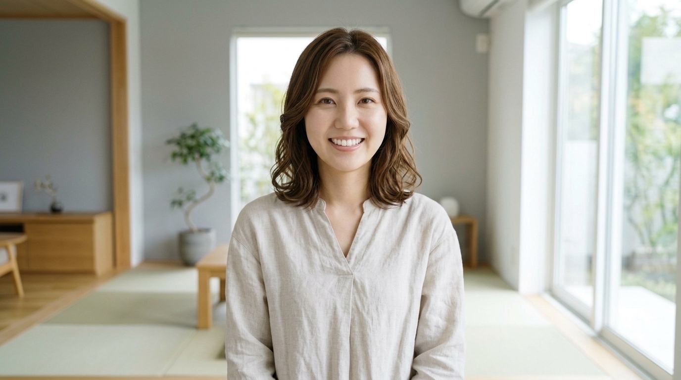 朝の自然光が入る明るい部屋で鏡を見ながら清潔感のある自然な白い歯を見せて自信に満ちた笑顔を浮かべる20代後半の日本人女性