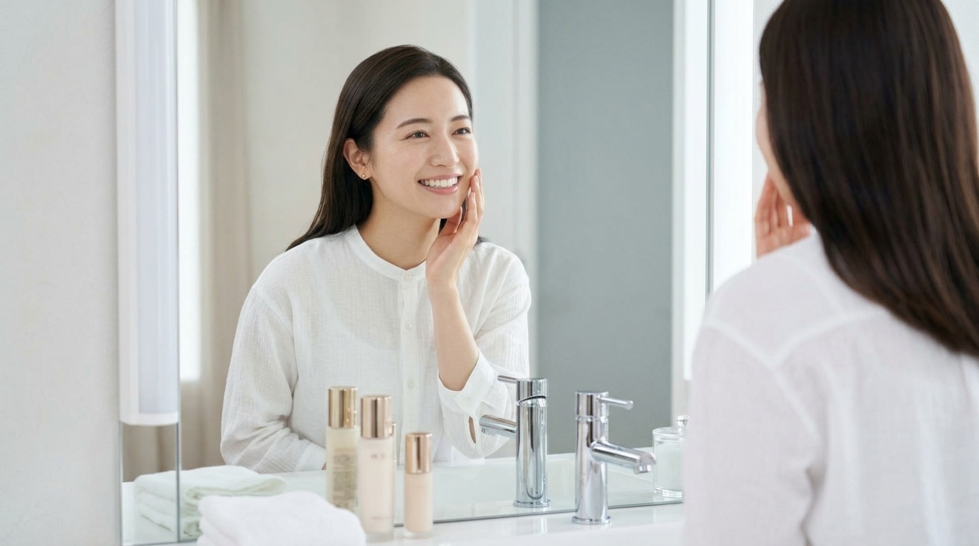 夕方になっても崩れないなめらかな肌に自信の笑顔を見せる女性