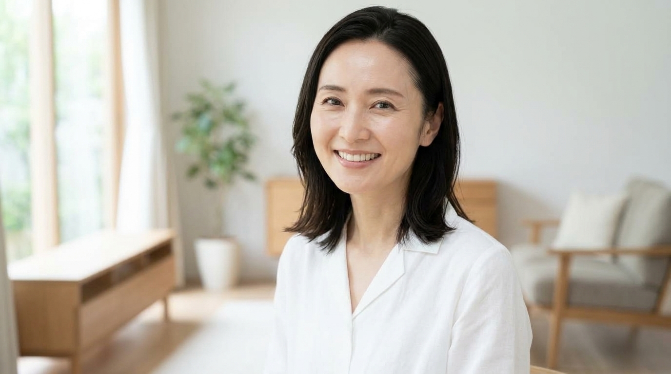 目元にハリが満ちて明るく自信に満ちた笑顔を浮かべる40代日本人女性