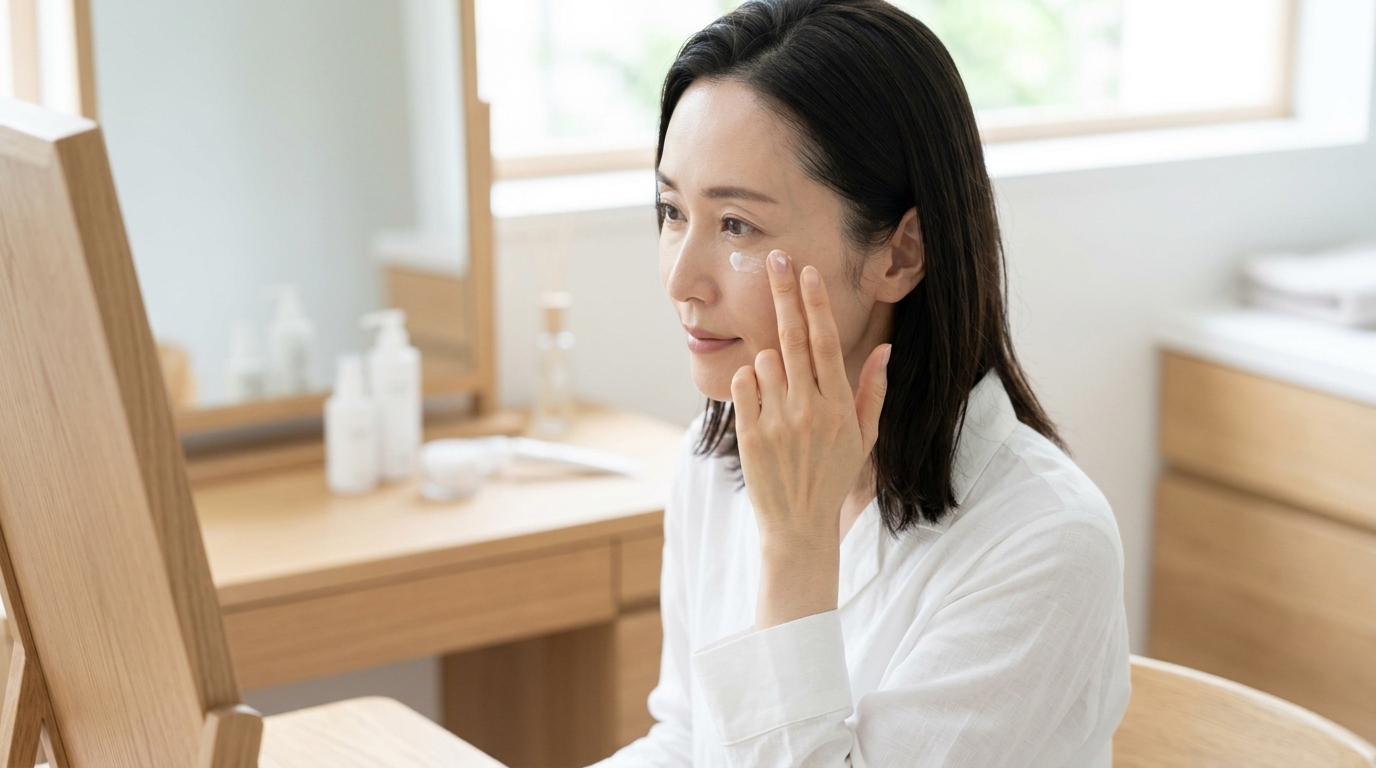 洗面台で薬用アイクリームを目元に優しく点置きしてなじませる様子