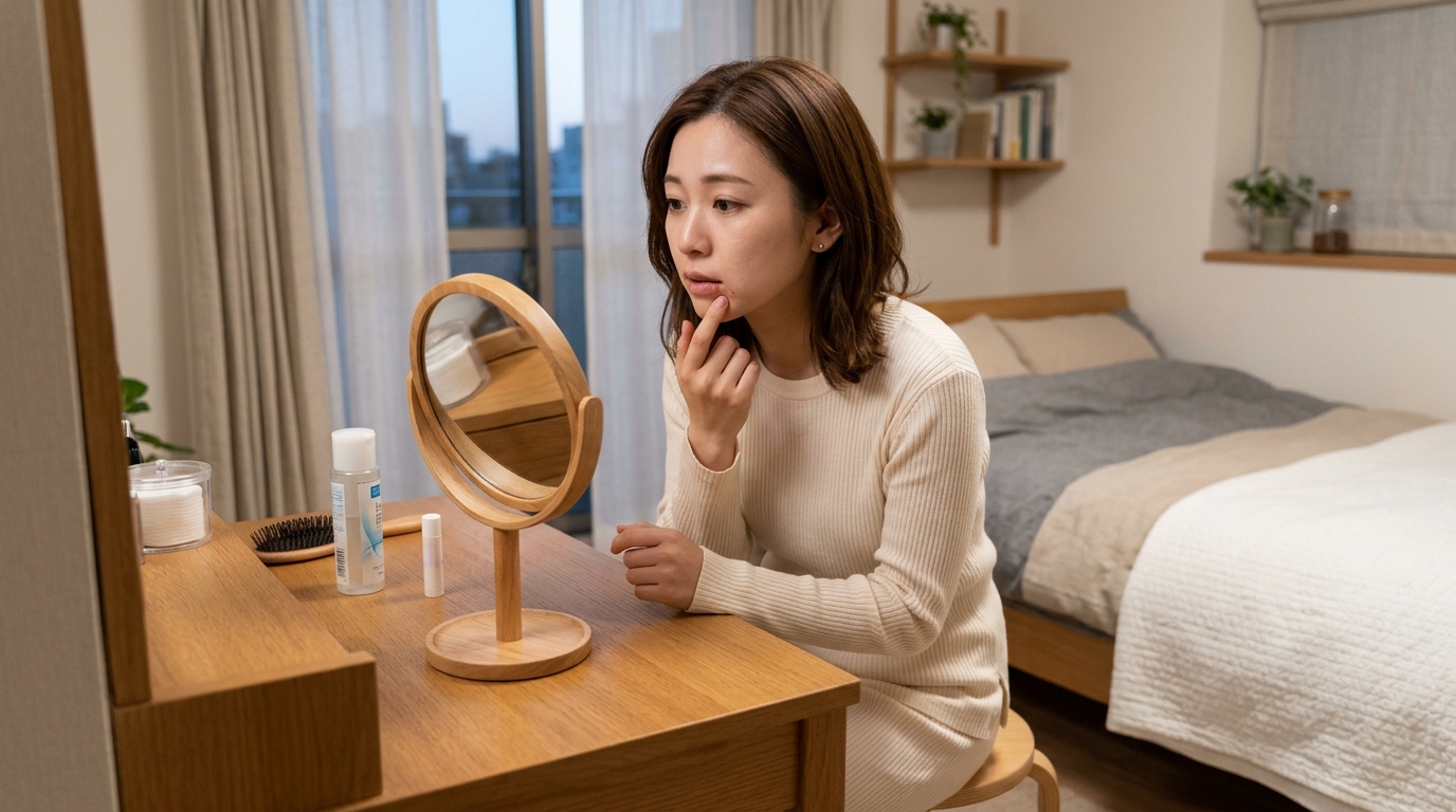 ドレッサーの鏡を見ながら唇の縦ジワや皮むけ・リップのノリの悪さに悩む日本人女性