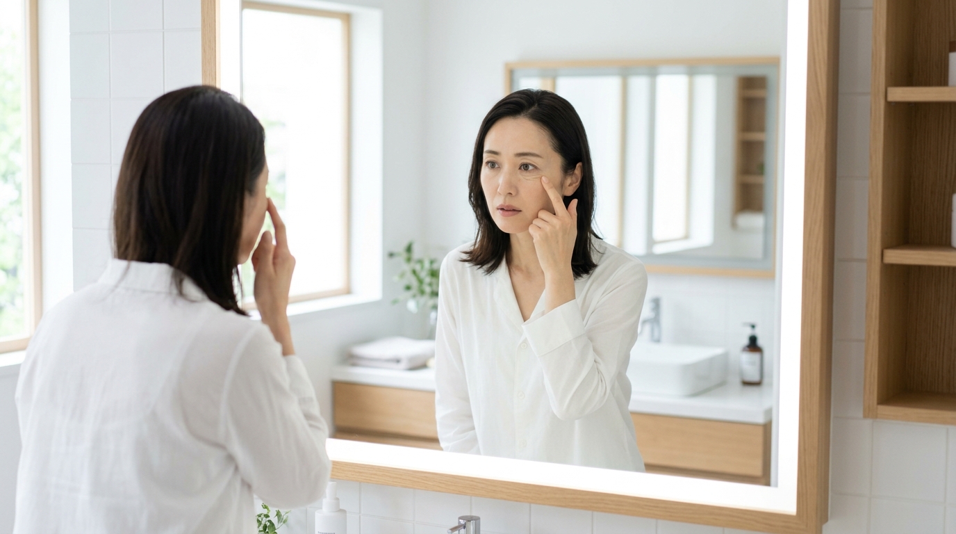 鏡の前で目尻や目元の小じわを気にする40代日本人女性