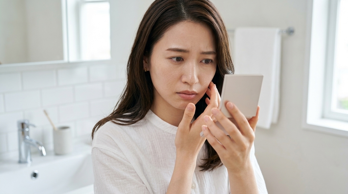 夕方の洗面所で鏡を見ながらファンデの毛穴落ちに悩む女性