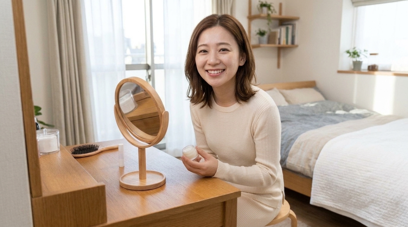 翌朝の自然光が入る部屋でうるおいに満ちたぷるんとツヤのある唇で微笑む日本人女性