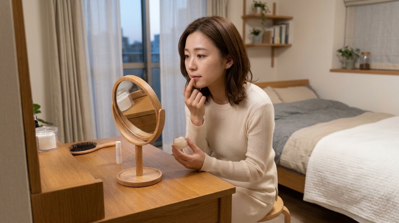 就寝前の落ち着いたドレッサーでナイト用リップバームを指先で優しく唇になじませる日本人女性