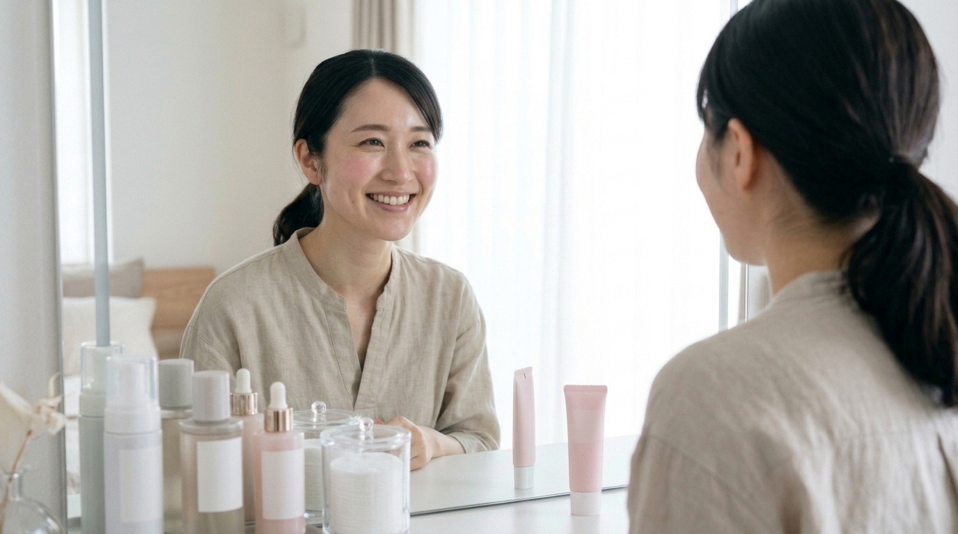 夕方になっても血色ツヤを保ち自信に満ちた笑顔の様子