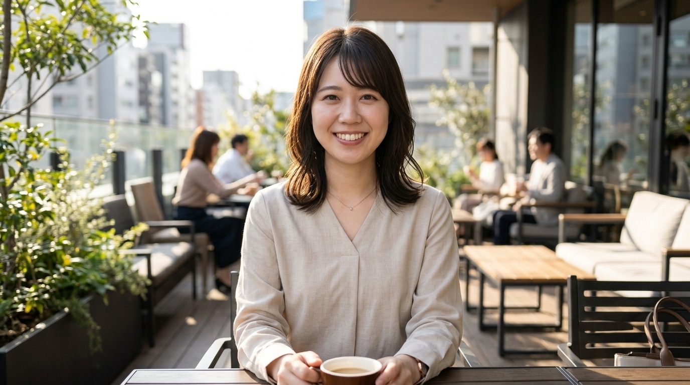 夕方の明るいカフェテラスでテカリのないサラサラな美肌で爽やかに微笑む20代の日本人女性
