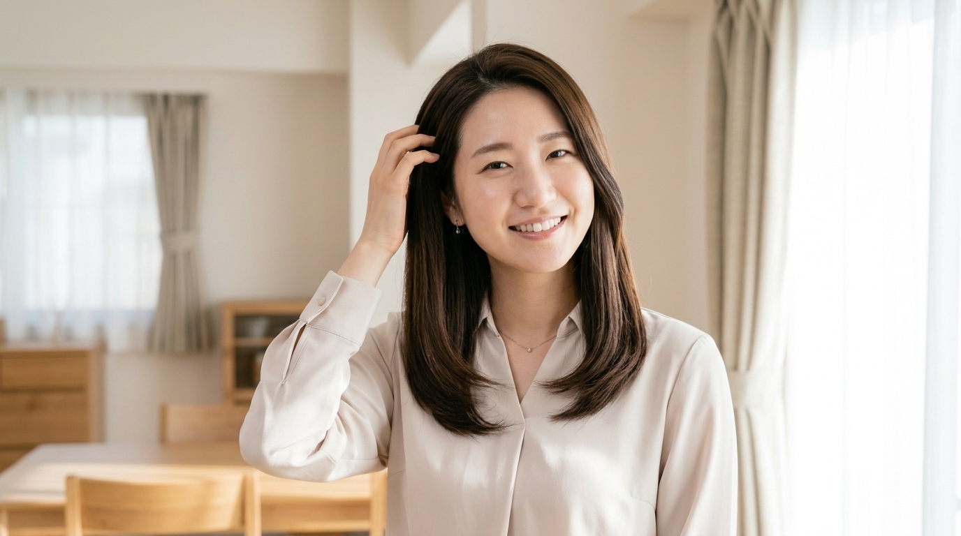 朝の自然光が差し込む明るい部屋で、サロン帰りのようにツヤツヤで毛先までまとまった美しい髪に手ぐしを通し笑顔を見せる20代後半の日本人女性