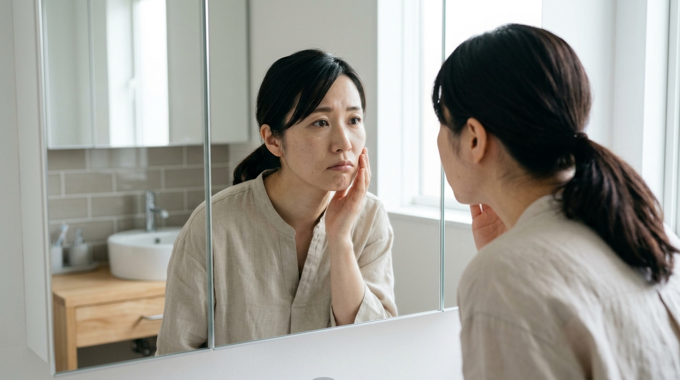 夕方のどんよりした顔色に悩む女性
