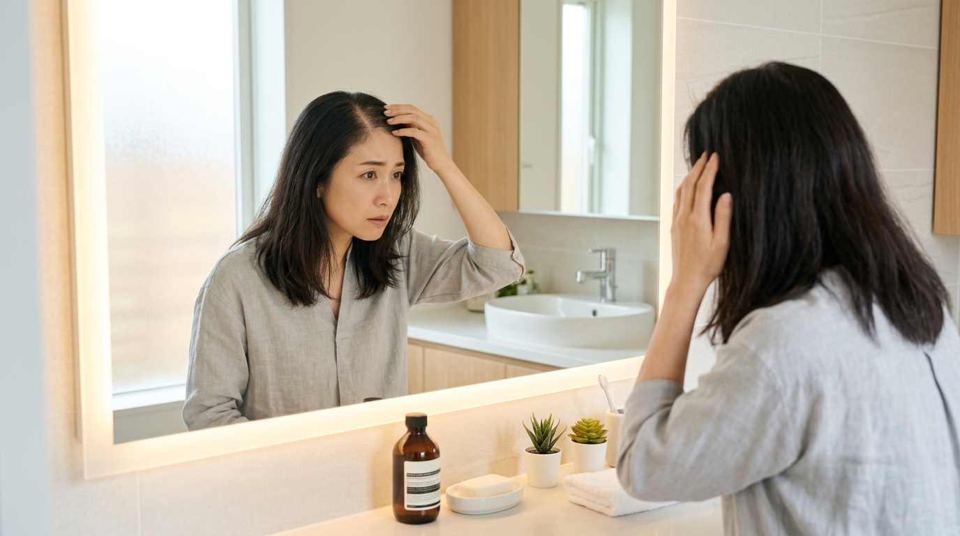 秋の抜け毛や頭皮の分け目に悩む40代女性